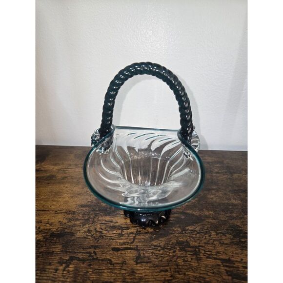 Vintage Clear & Turquoise Hand Blown Optic Glass Basket Applied Rope Handle - Picture 13 of 15